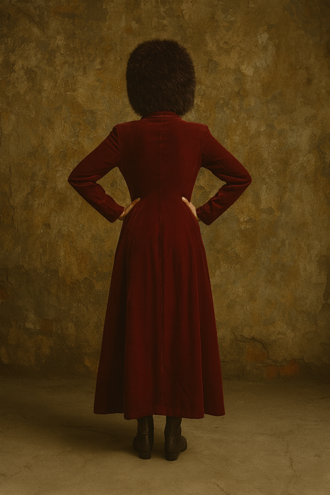 Michéle Pernetta, 80s burgundy velour cat eye long coat