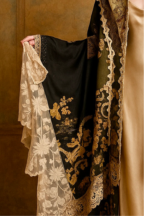 Anchor, reworked Antique French net and lace patchwork cape