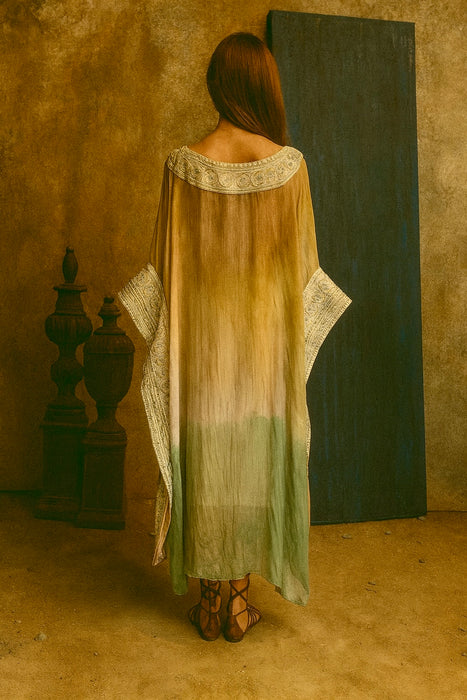 Bodie, hand dyed embroidered silk kaftan