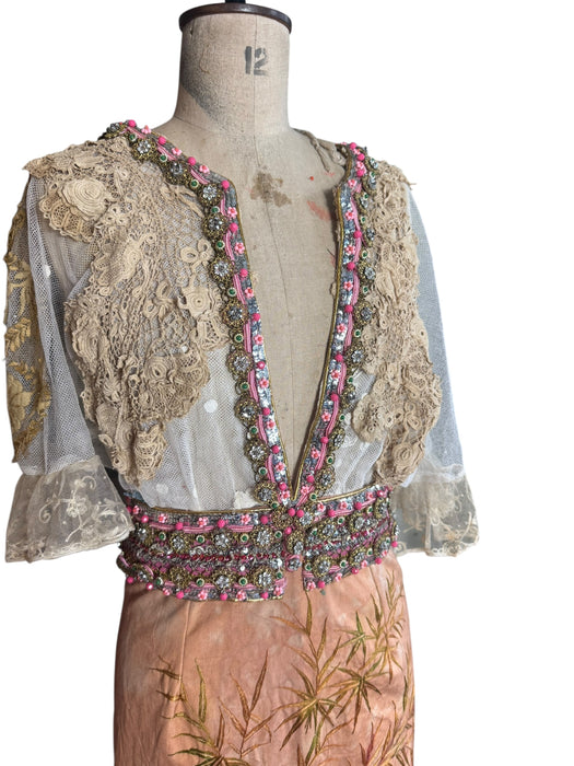 Aurora, reworked 18th C embroidered and lace dress