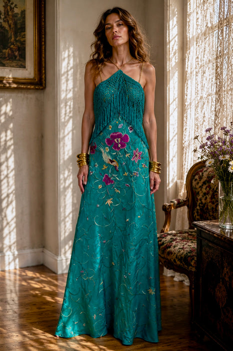 Dora, reworked 1940s silk embroidered fringed piano shawl dress
