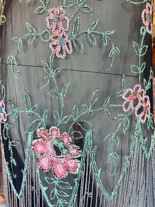 Dana, reworked 1920s black beaded floral fringed silk chiffon scalloped dress