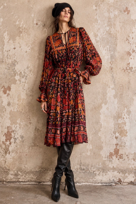 Anchor, 70s silk Indian block print balloon sleeves belted dress