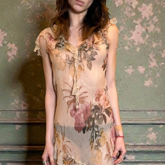 Doja, 90s chiffon bias cut floral frill dress