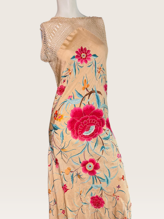 Bailey, reworked bias cut floral embroidered piano shawl dress