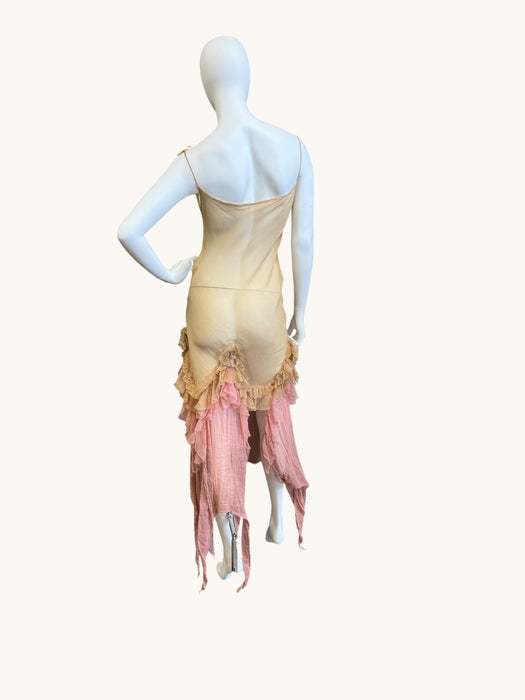 Laine, bias cut silk chiffon and pink dyed handkerchief dress with rosettes