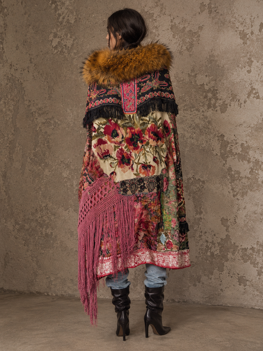 Stacey, reworked 1930, wool embroidered cape with faux fur collar