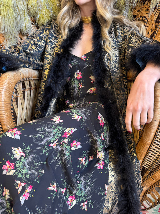 Colette, 30s lack and gold print robe with feather hem
