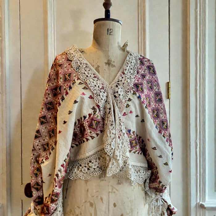 Claude, reworked antique Romanian embroidered and lace blouse