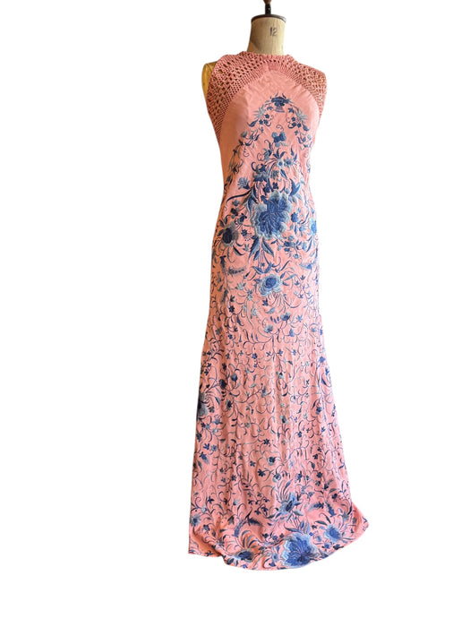 Lali, reworked 40s pink and blue fringed piano shawl embroidered dress