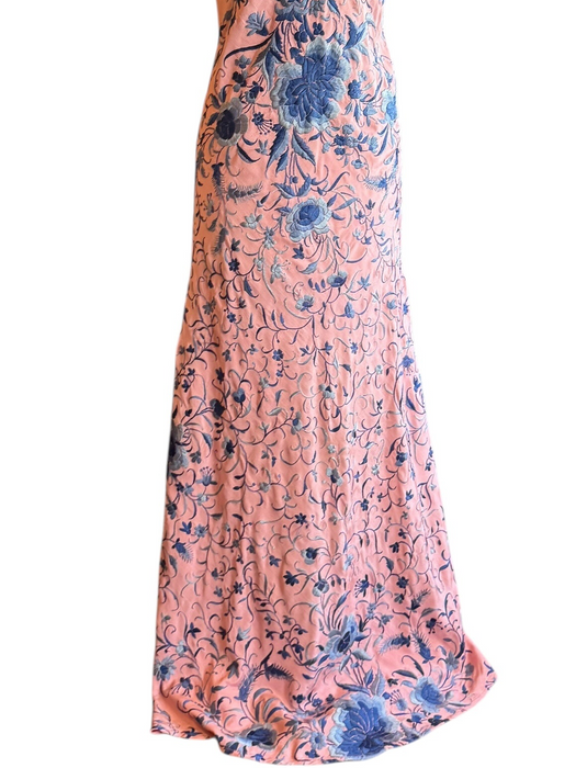 Lali, reworked 40s pink and blue fringed piano shawl embroidered dress