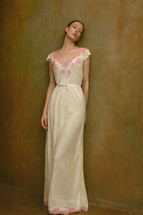 Apoline, 30s bias cut mint green and pink lace silk slip dress