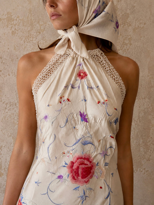 Plato, reworked short piano shawl embroidered dress with brass chocker