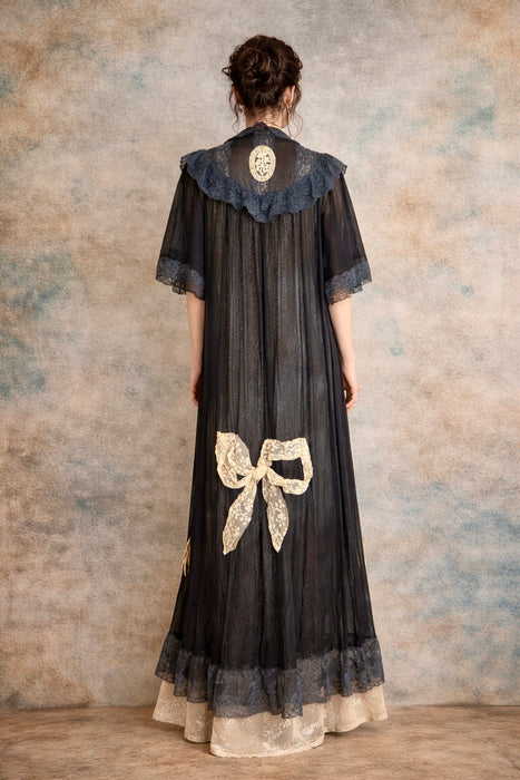Gina, 30s black chiffon and lace robe with cream lace bows