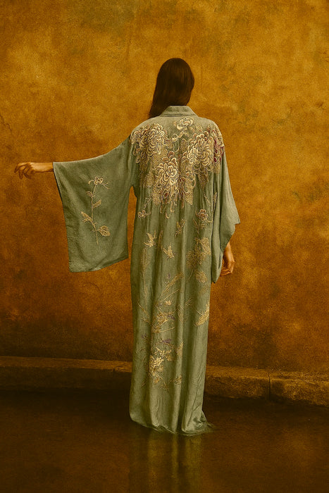 Flynn, 40s pale blue embroidered kimono