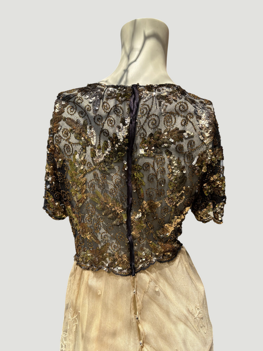 Daisy, 20s black and gold floral sequins and Victorian ecru lace dress