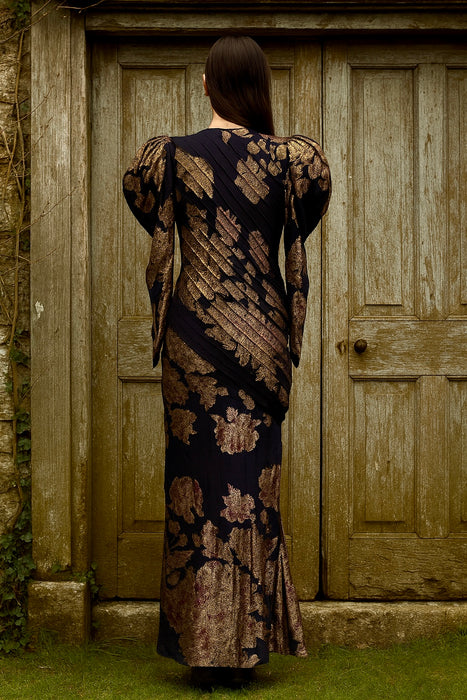 Farleigh, 30s couture silk damask mutton sleeve bias cut dress