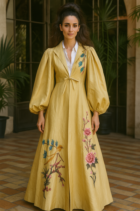 Magda, 40s silk coat with floral embroidery and voluminous sleeves