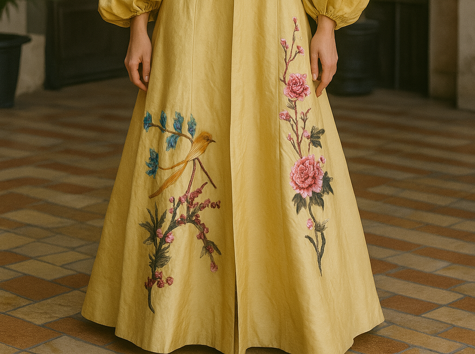 Magda, 40s silk coat with floral embroidery and voluminous sleeves