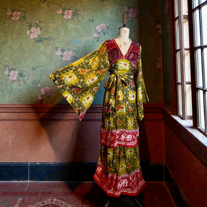 Thea Porter, Couture 70s silk print angel sleeve tiered dress
