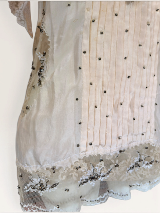 Ally, reworked 1920s silk and lace tunic with rhinestone detailing