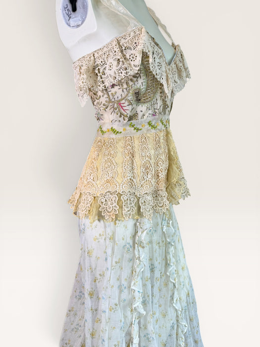 Sage, reworked Victorian embellished corset and organza frill long floral print skirt