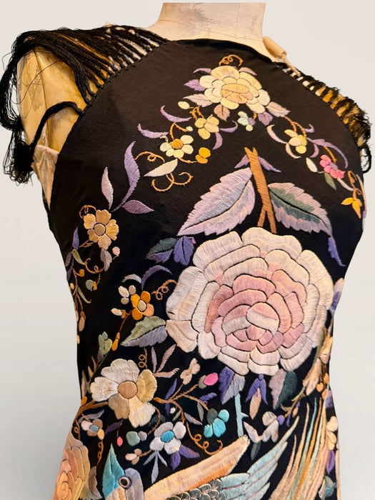 Angel, reworked 30s silk embroidered piano shawl bias cut dress