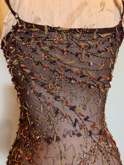 Tory, 90s beaded brown bias cut chiffon handkerchief dress