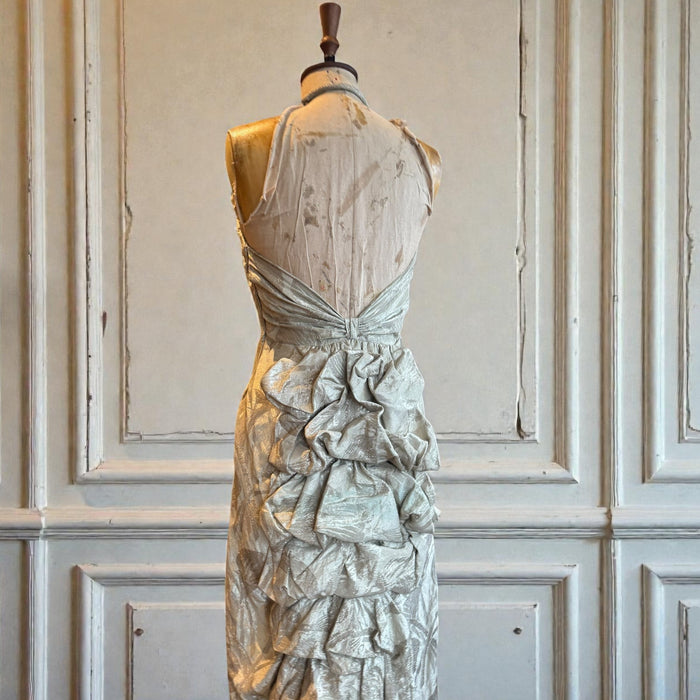 Monica, 20s silver floral lamé dress with bustle train