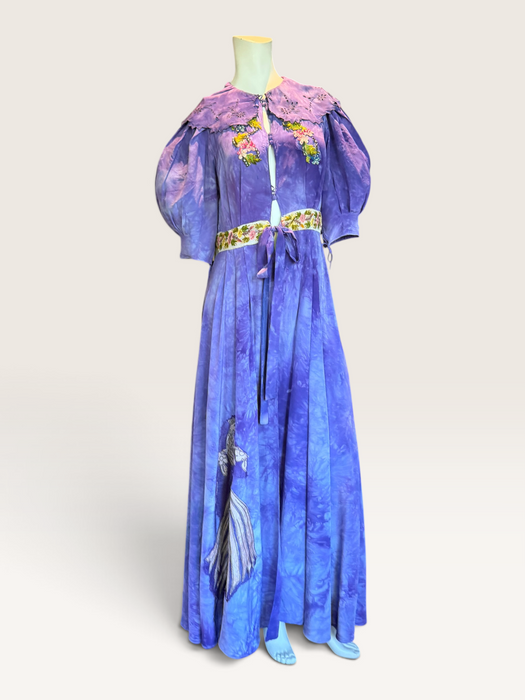 Hyacinth, 30s hand dyed silk robe with Edwardian ribbon florals
