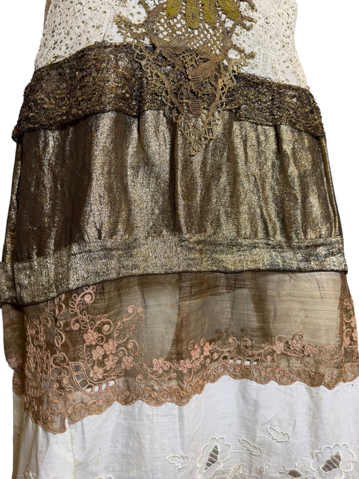 Miter, reworked 1920s French gold lamé and lace dress with Edwardian embroidery