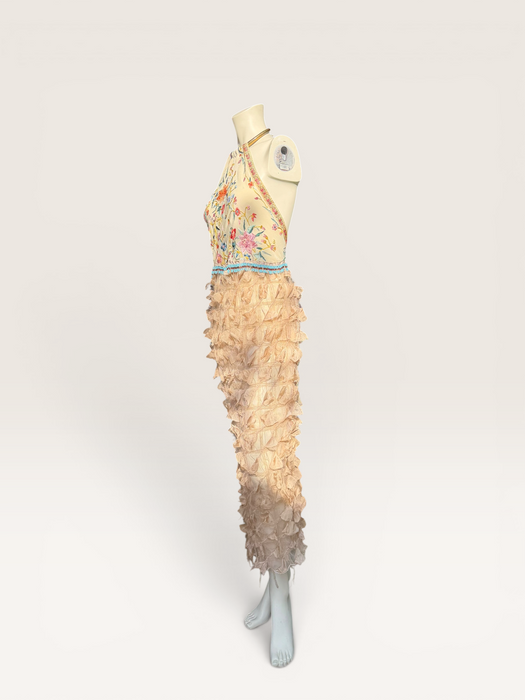 Kali, reworked embroidered piano shawl dress with brass choker and 20s sheered metallic skirt