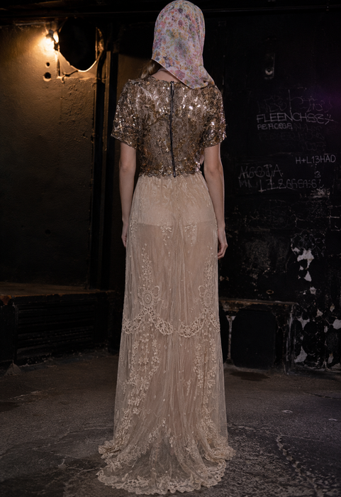 Daisy, 20s black and gold floral sequins and Victorian ecru lace dress