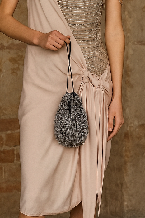 Lola, 20s silver beaded drawstring handbag