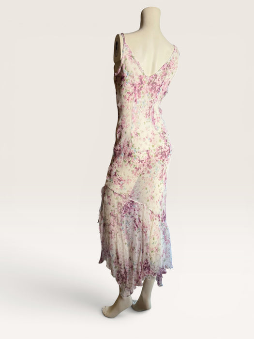 Lilly, 90s silk chiffon floral, bias cut frill dress