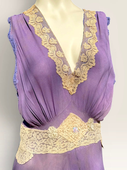 Lavender, 1930s hand dyed silk and lace dress with lace ribbon inserts