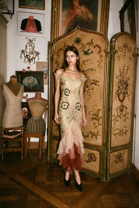 Flora, vintage bias cut beaded dress with ombré frill design