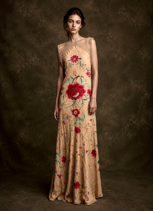 Bailey, reworked bias cut floral embroidered piano shawl dress