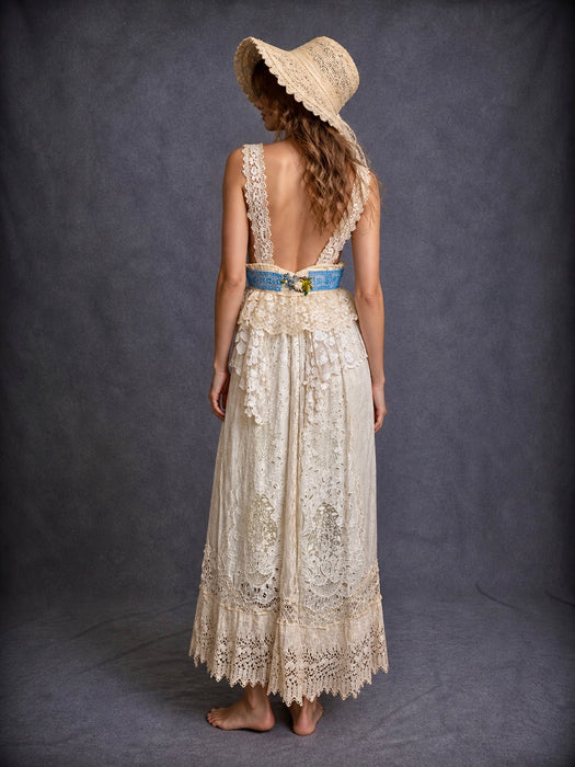 Roya, reworked Victorian lace dress with ribbon florals turquoise beading