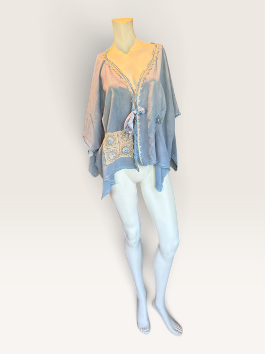 Adina, 30s, hand dyed pale blue silk and lace jacket