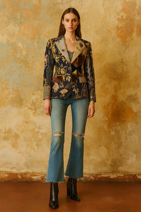 Eros, reworked patchwork and beaded 70s single breasted blazer