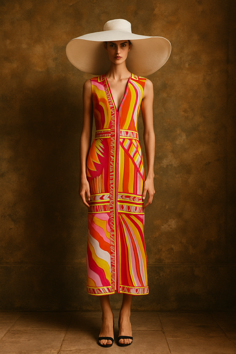 Pucci, 70s documented silk jersey print long dress with front zip