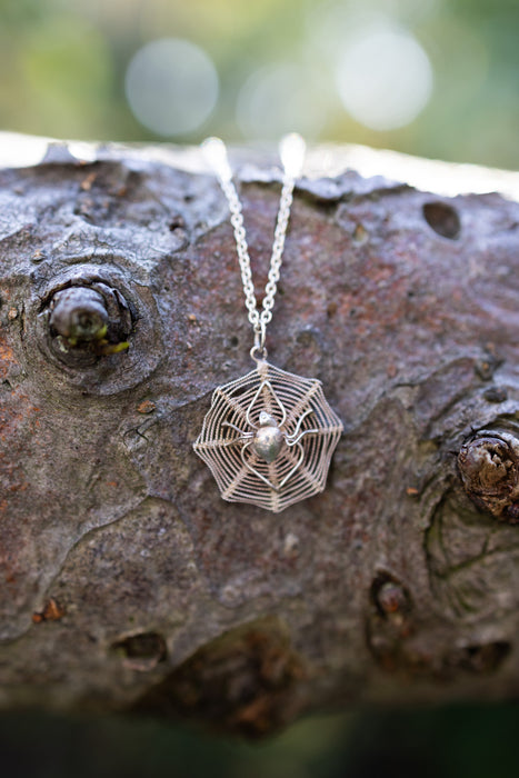 Lane, Victorian silver spiderweb charm on a silver chain