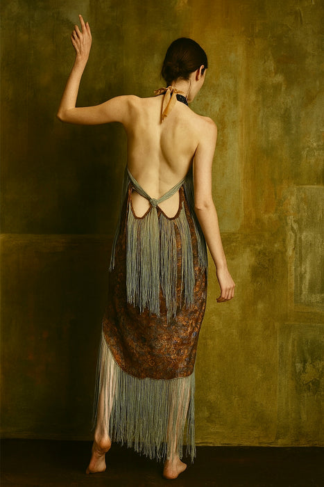 Norme, 20s floral fringed lamé dress