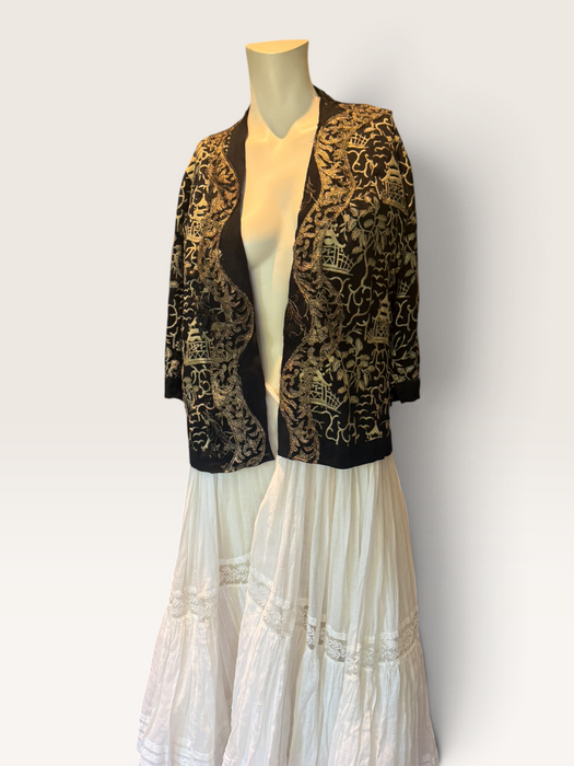 Pagoda, 1930s Chinese embroidered silk jacket with metallic gold embroidery