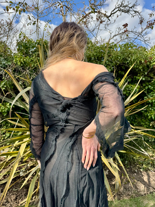 Stevie, 30s black net assymetric pleated gown