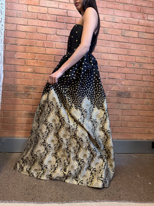 Alice, Y2K silk jacquard black and gold dress