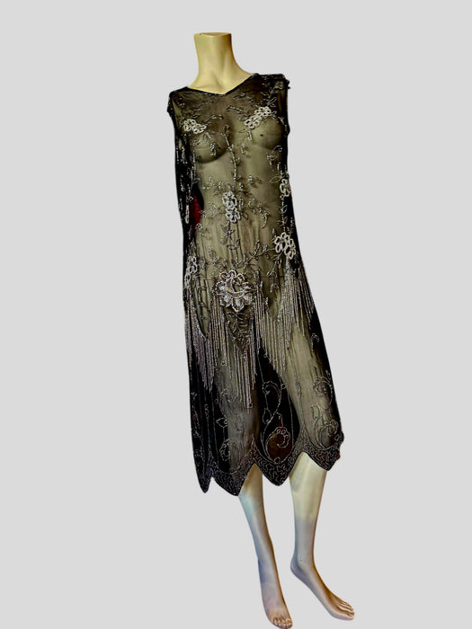 Tory, 20s black silk beaded fringed flapper dress