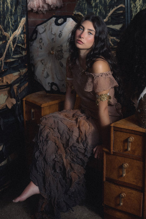 Anita, hand dyed vintage fishtail ombré muslin tiered dress