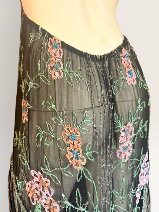 Dana, reworked 1920s black beaded floral fringed silk chiffon scalloped dress